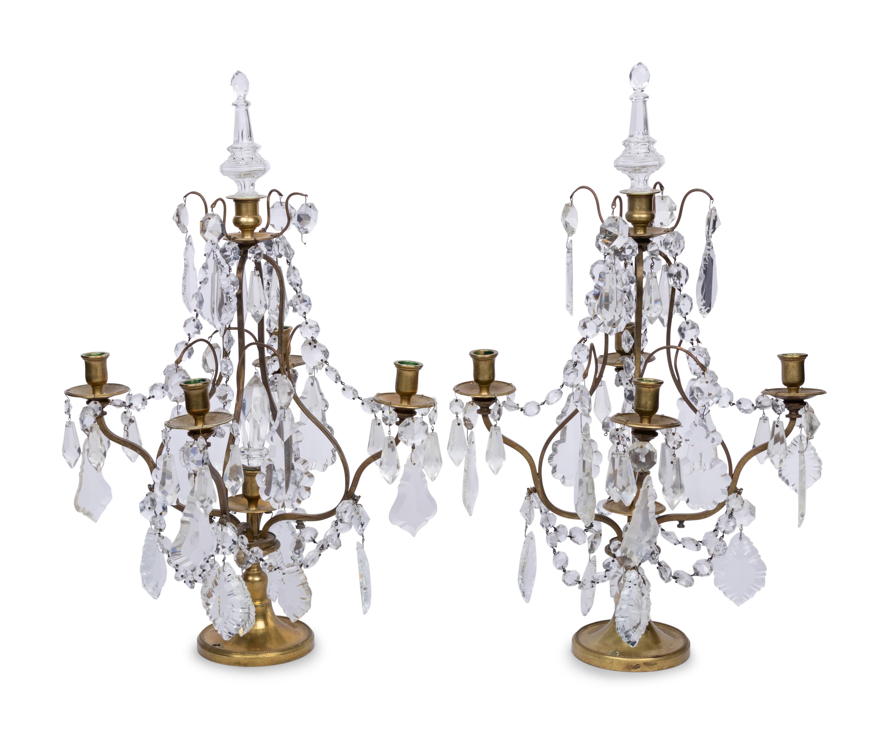 A Pair of French Brass and Glass Four-Light Candelabra
