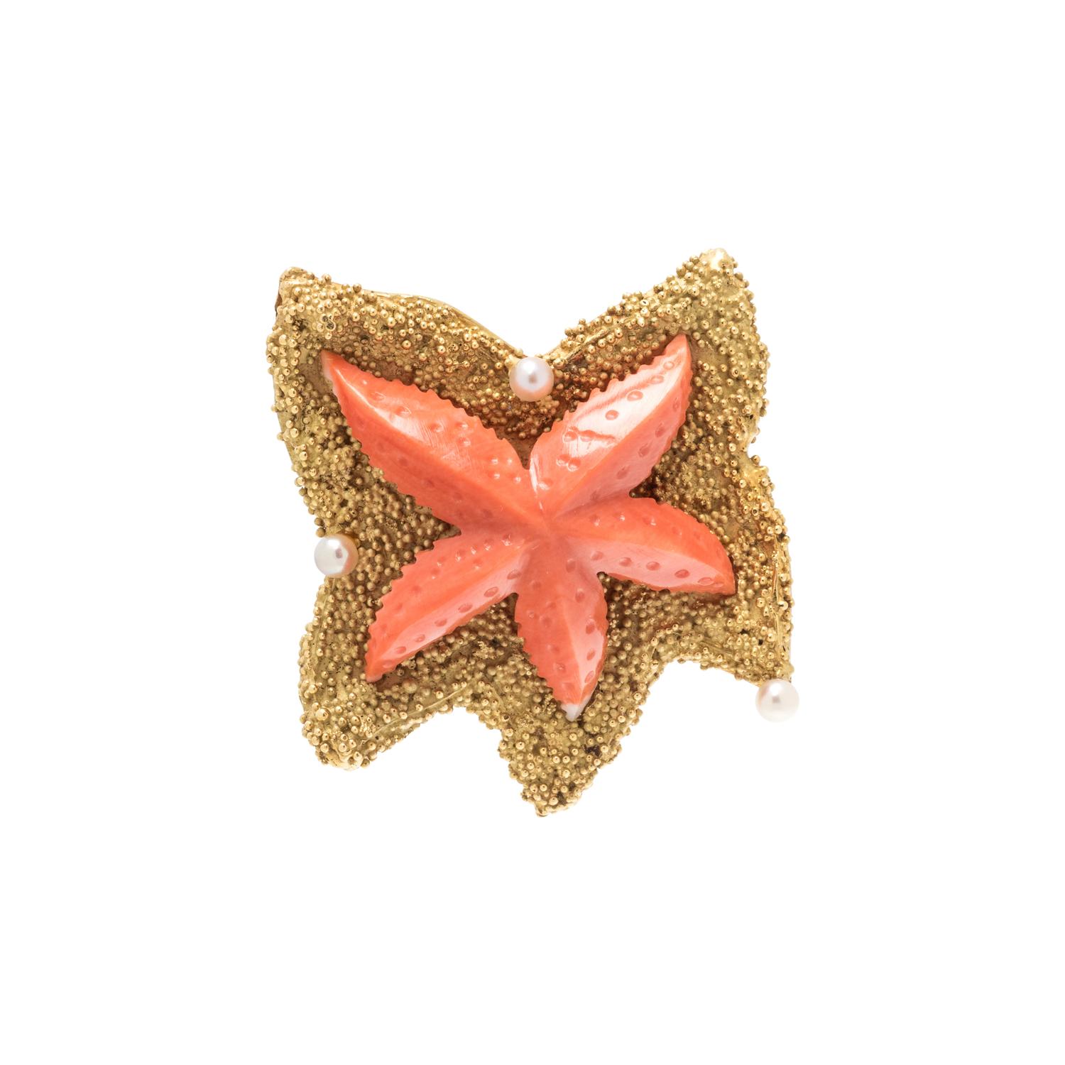 BORIS LEBEAU, YELLOW GOLD, CORAL AND CULTURED PEARL STARFISH BROOCH