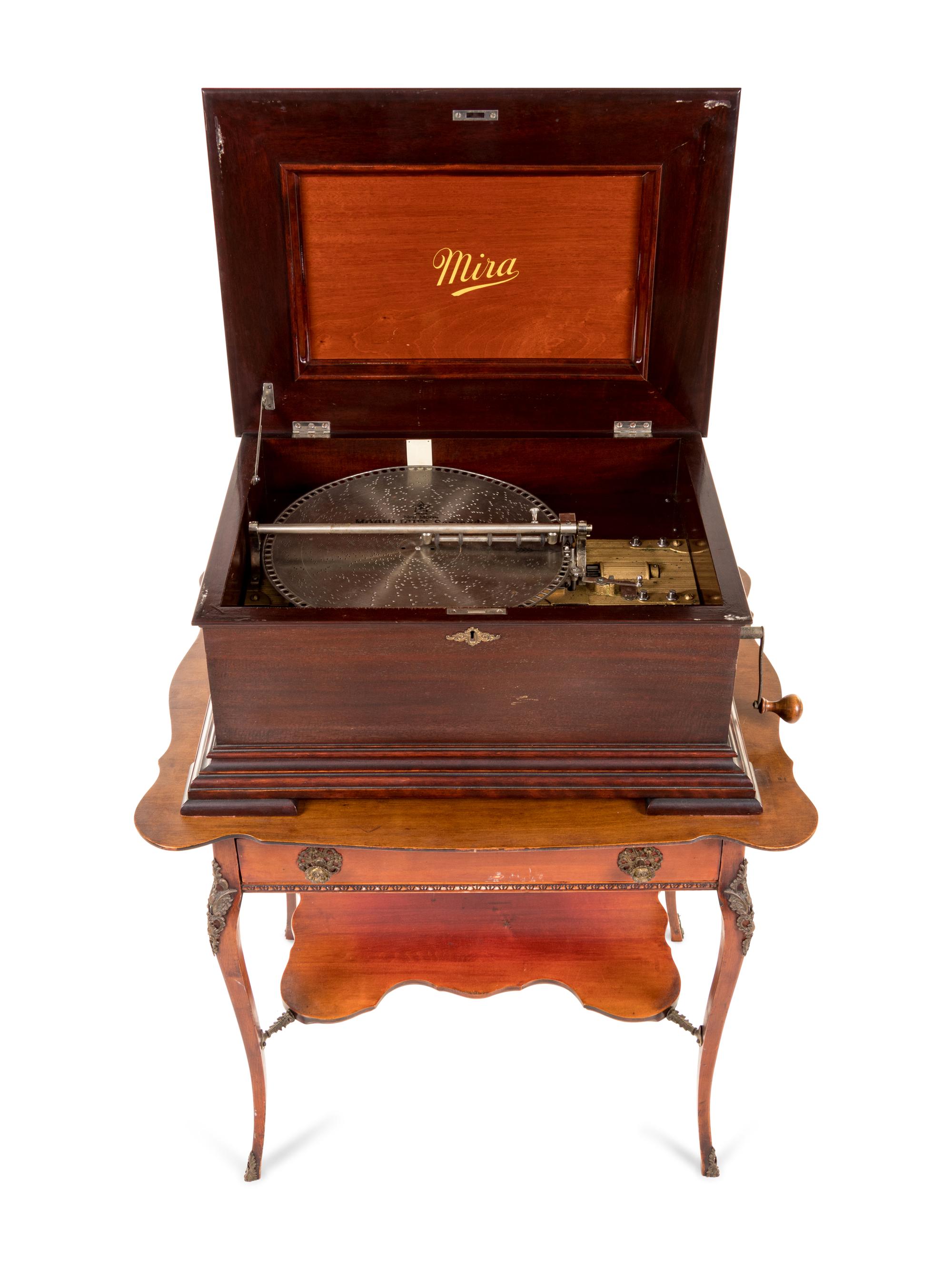 A Mira Double-Comb Disk Music Box with an Associated Table Stand and 30 Disks