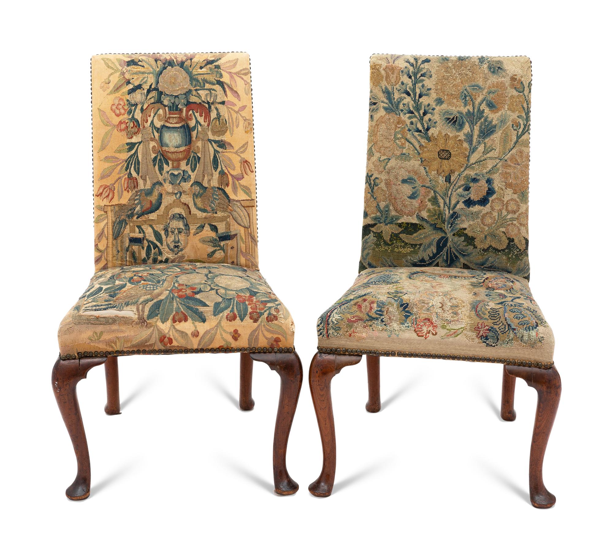 A Pair of George II Tapestry-Upholstered Walnut Side Chairs