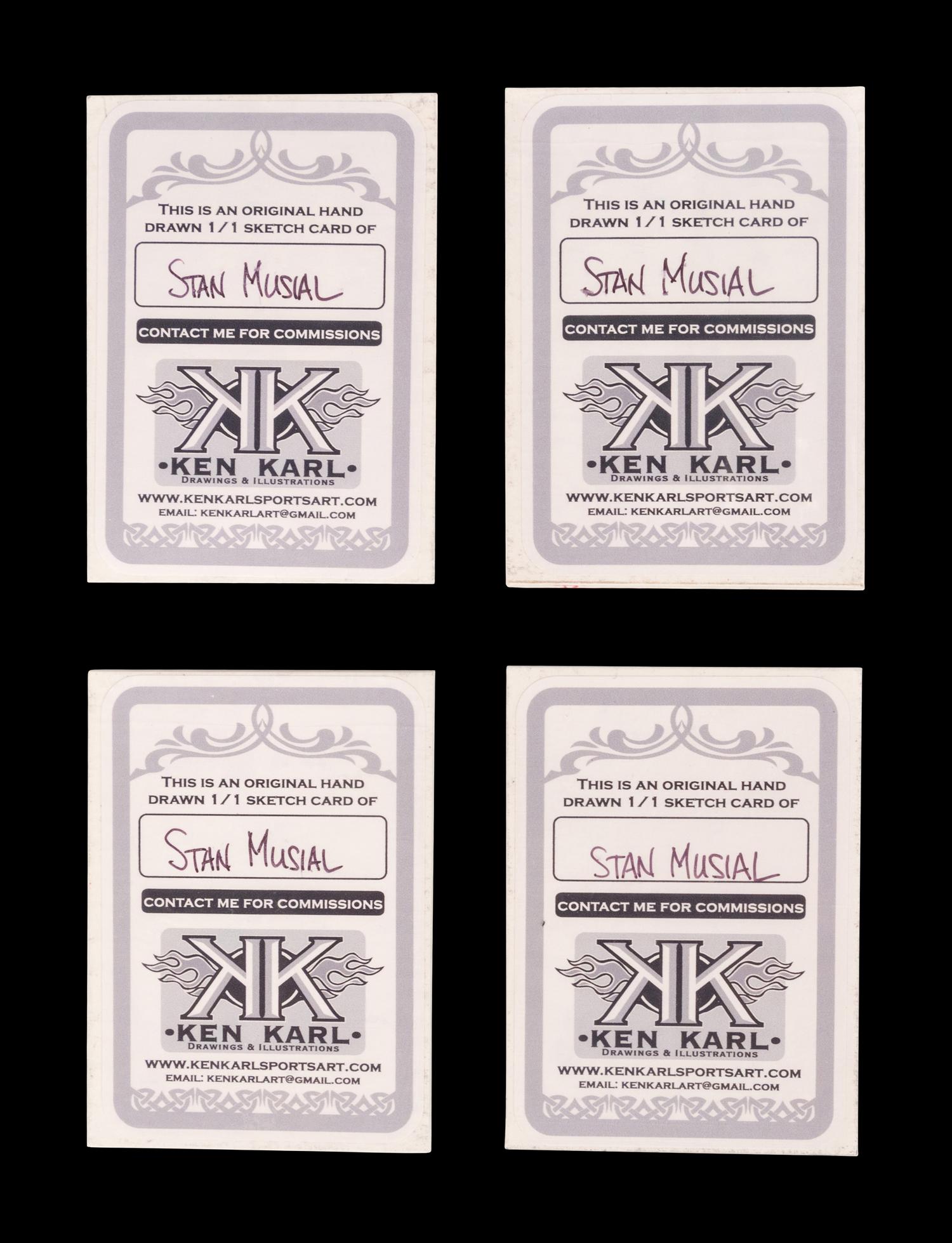 A Group of Four Ken Karl Original Hand Drawn Stan Musial Sketch Baseball Cards with Musial Signed Autograph Stickers
