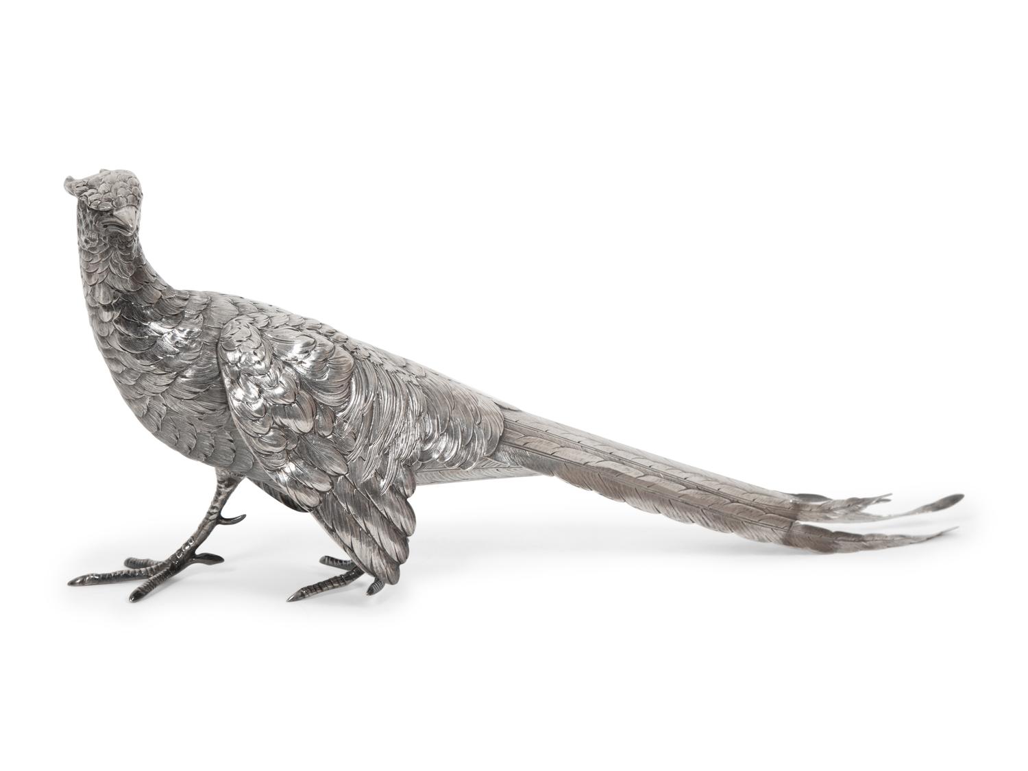 A Pair of Continental Silver Pheasant Table Ornaments