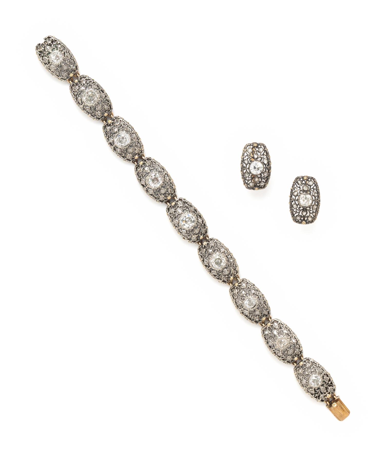 M. BUCCELLATI, SILVER-TOPPED GOLD AND DIAMOND BRACELET AND EARRINGS