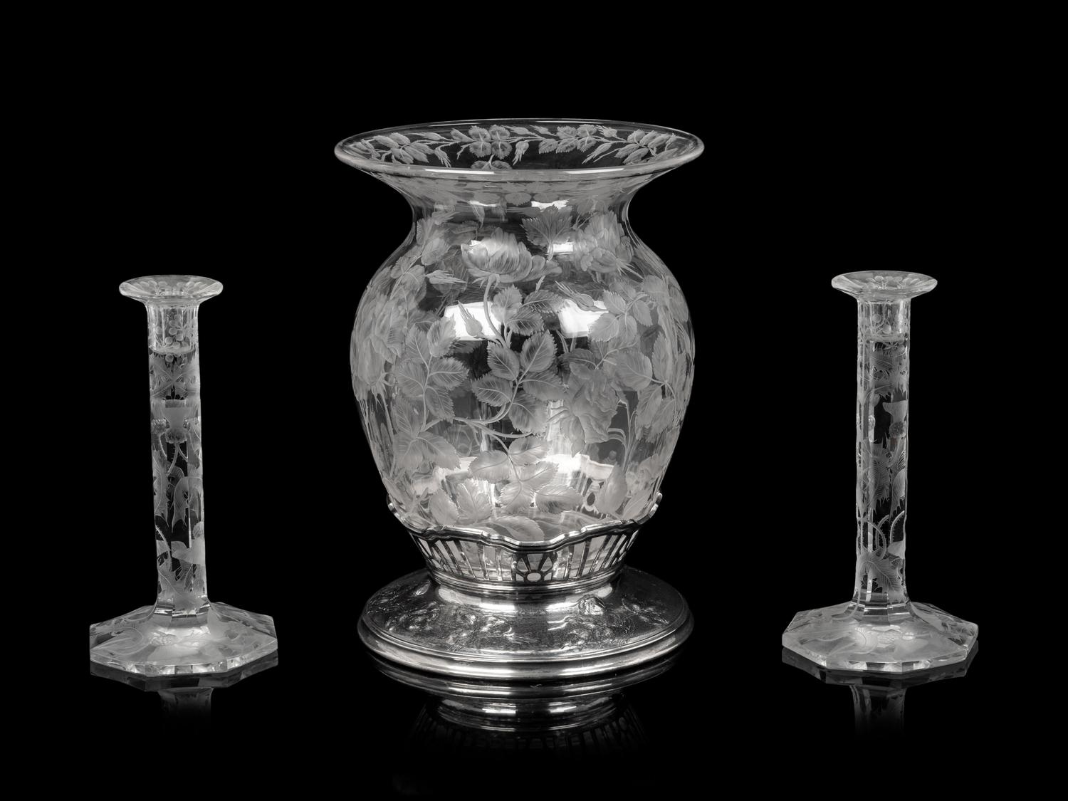 An American Silver Mounted Etched Glass Vase