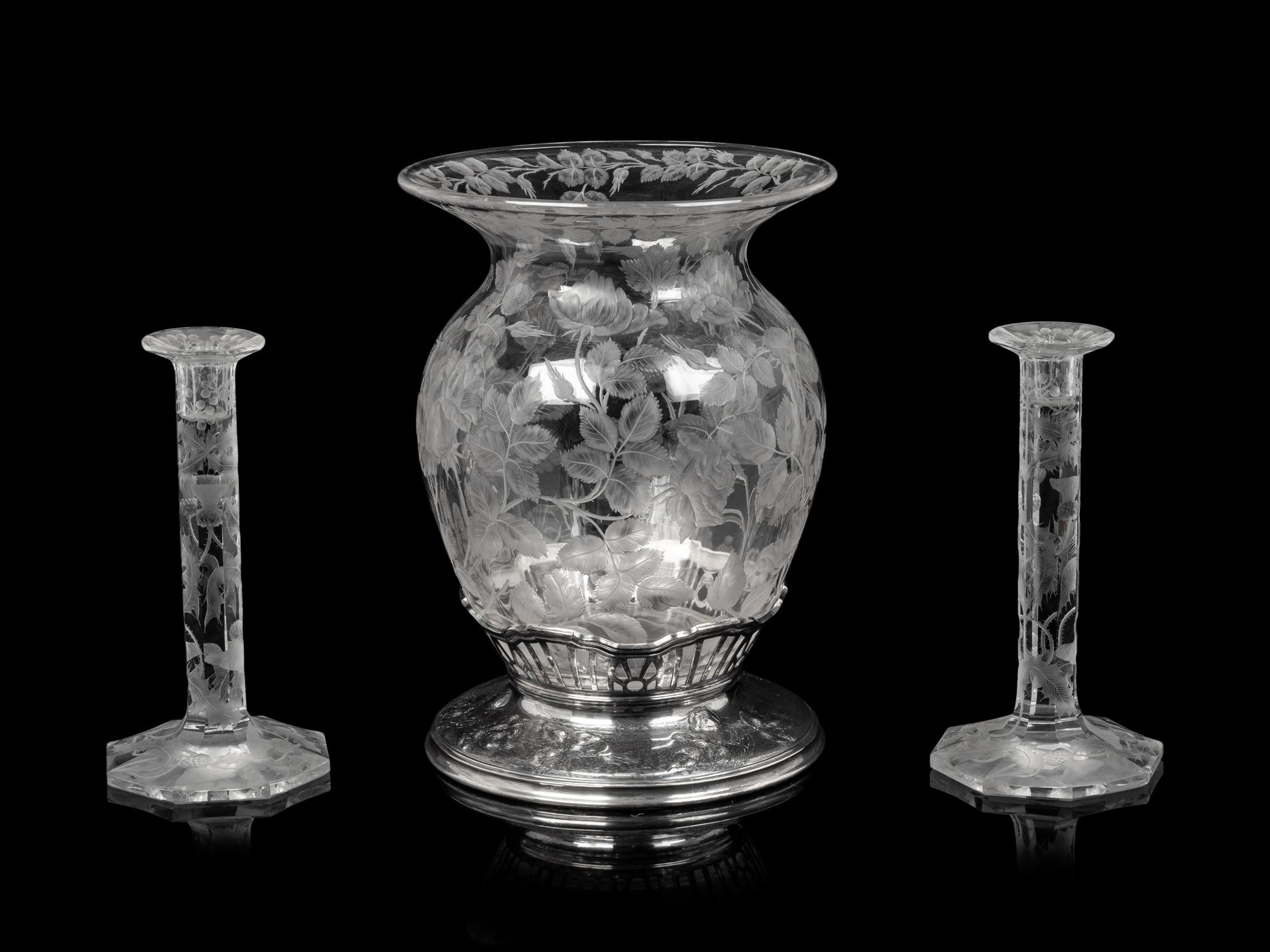An American Silver Mounted Etched Glass Vase