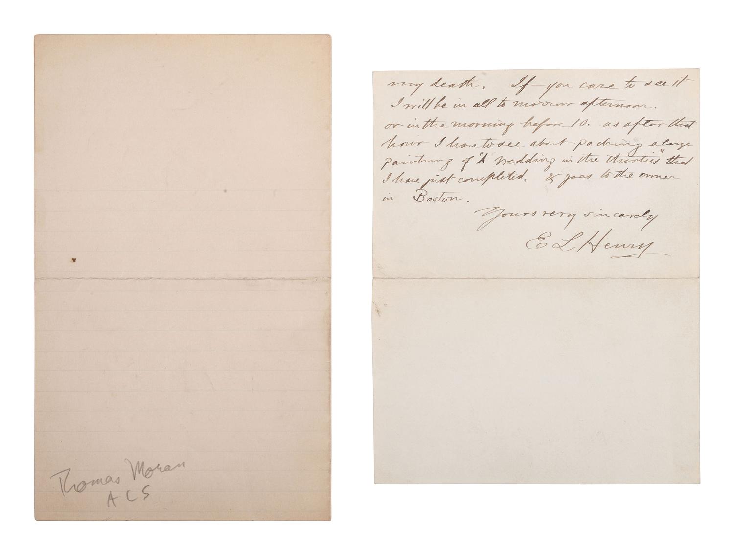 [ARTISTS]. Autograph letters signed by Thomas MORAN and E.L. HENRY.