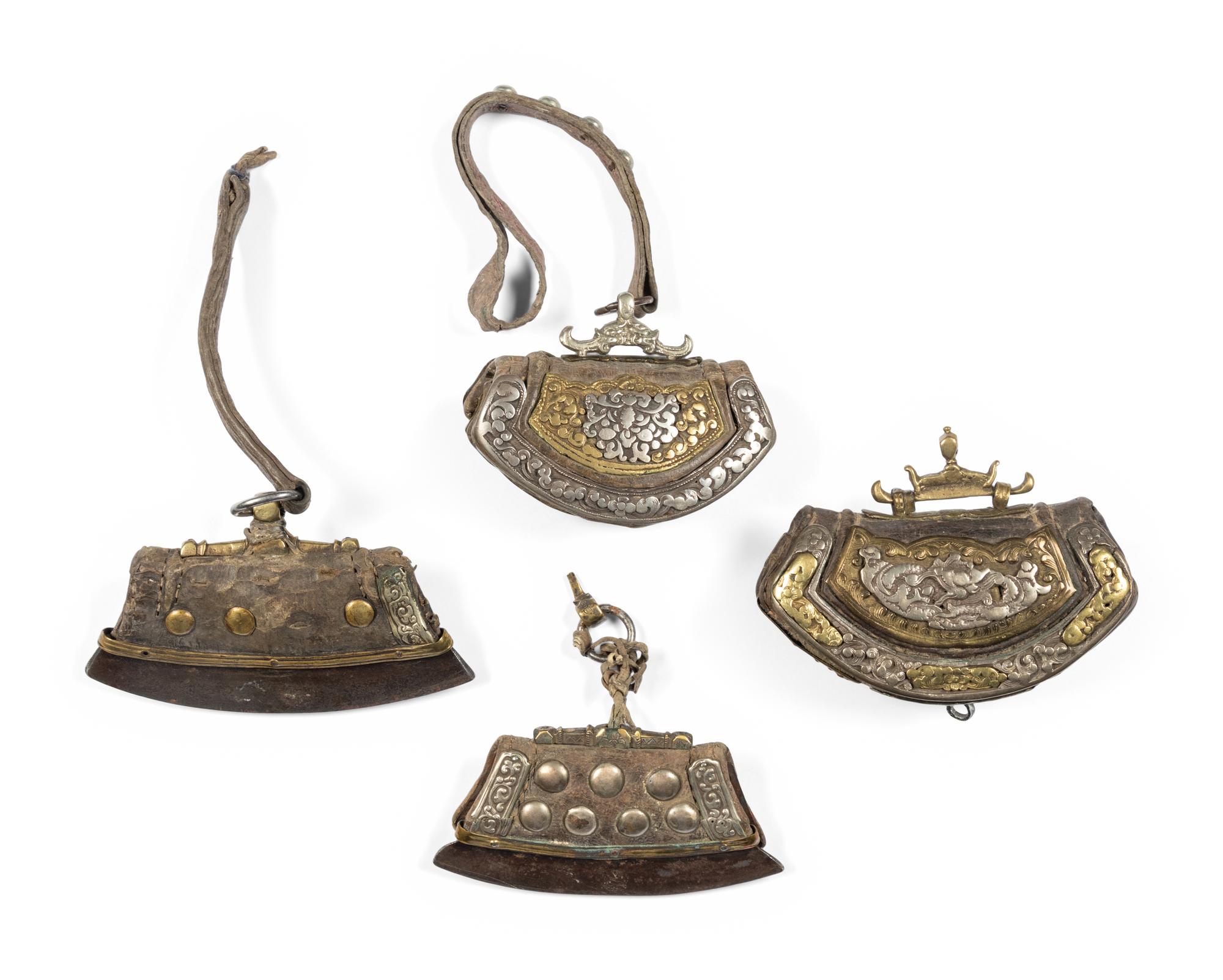 Four Tibetan Silver and Leather Pouches