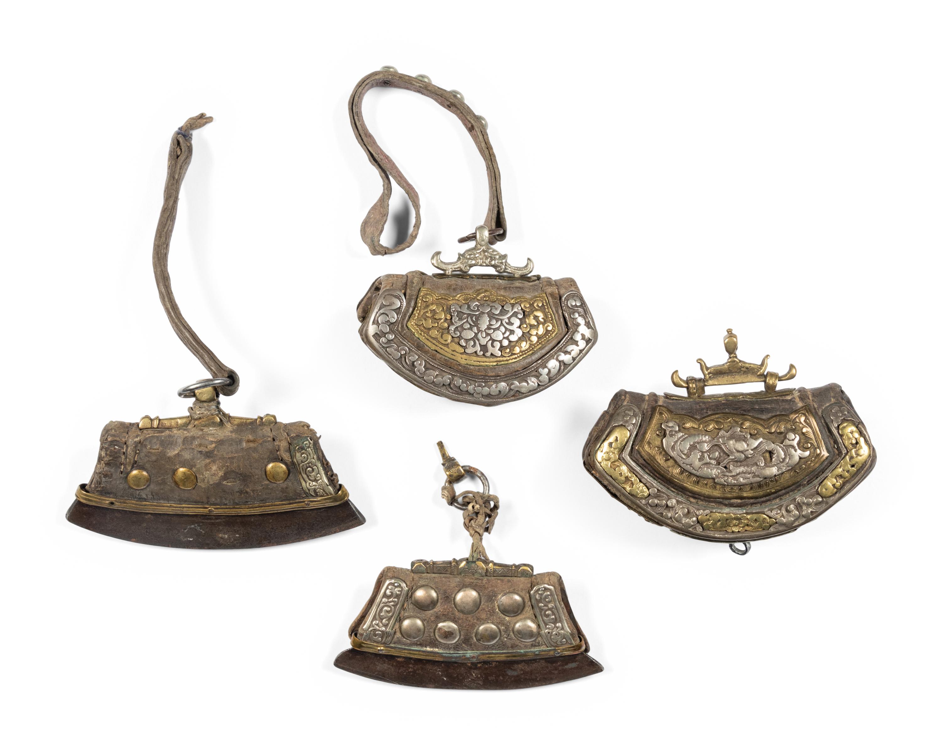 Four Tibetan Silver and Leather Pouches