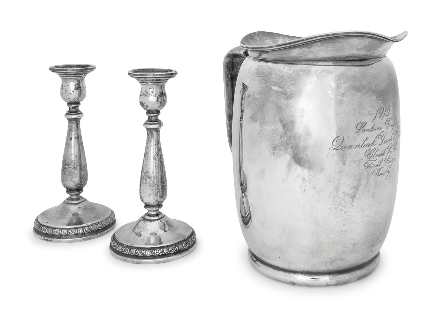 An American Silver Trophy Pitcher and Associated Pair of Silver Candlesticks
