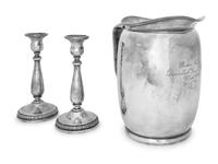 An American Silver Trophy Pitcher and Associated Pair of Silver Candlesticks