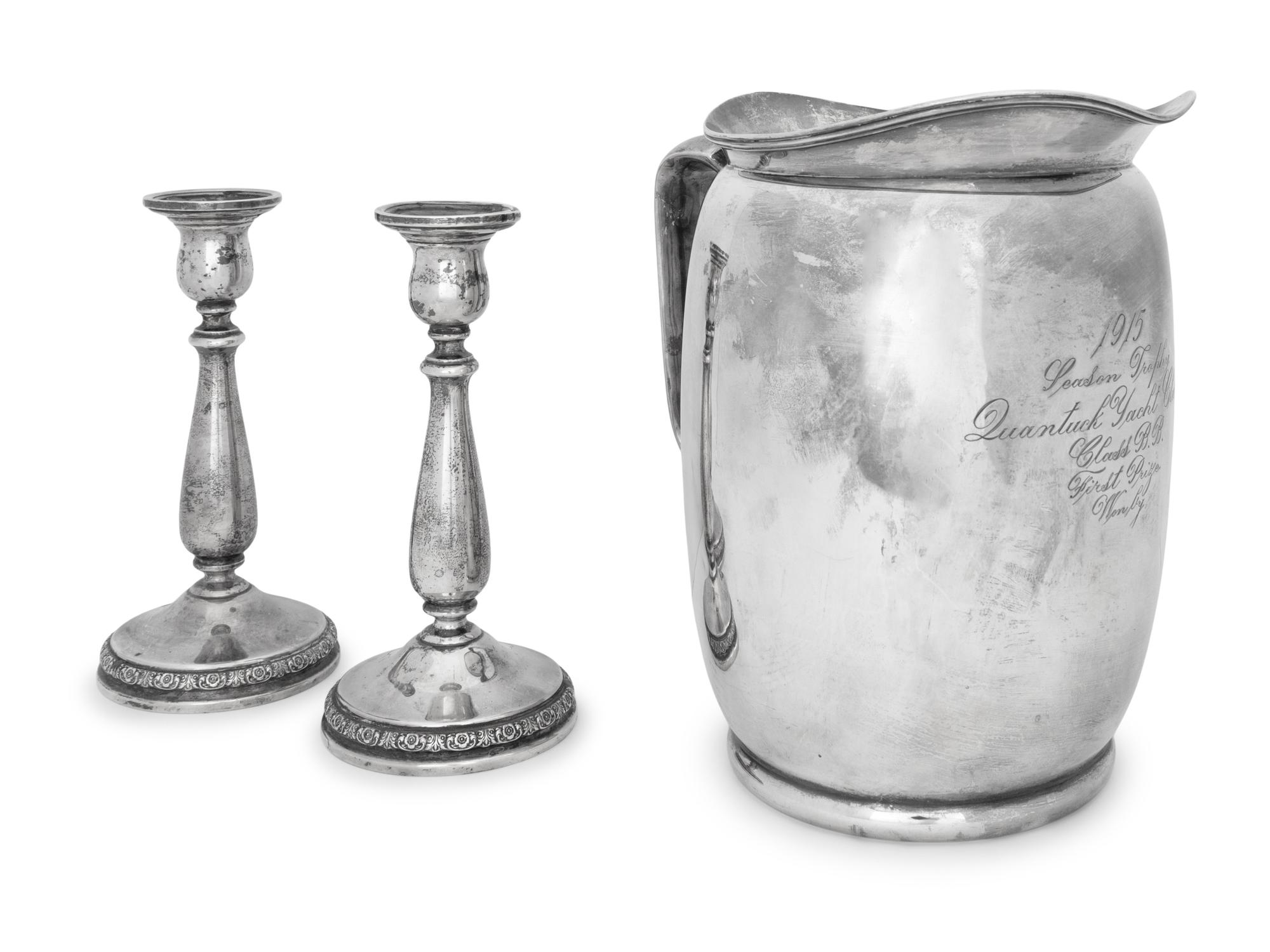 An American Silver Trophy Pitcher and Associated Pair of Silver Candlesticks