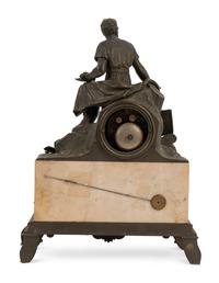 An Empire Style Patinated Bronze and Marble Figural Mantel Clock