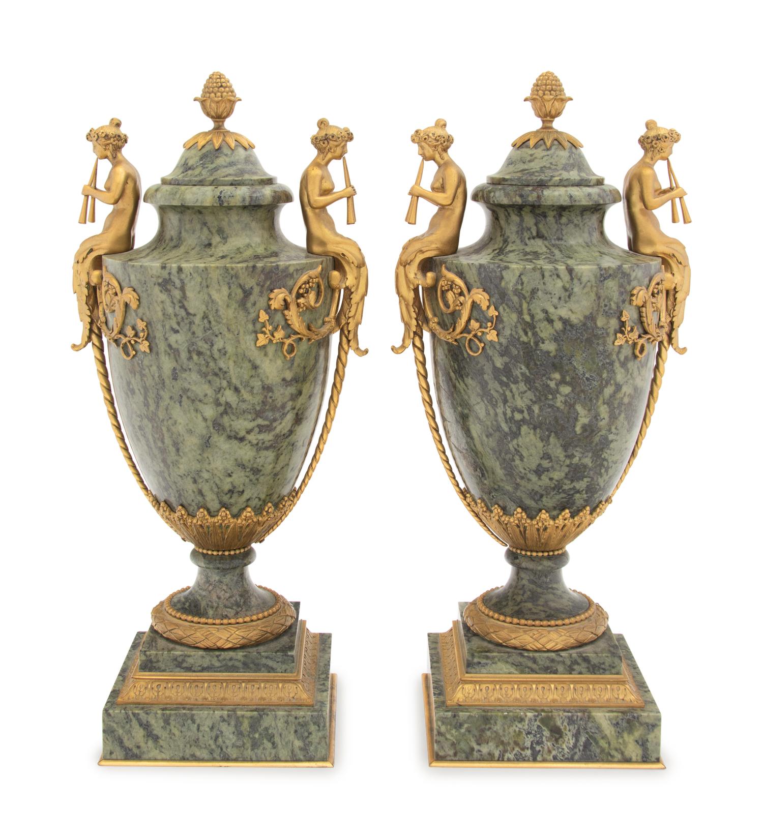 A Pair of French Gilt Bronze Mounted Marble Urns
