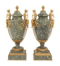 A Pair of French Gilt Bronze Mounted Marble Urns