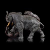 A Japanese Bronze Figural Group of Elephant and Tigers, Late Meiji to Taisho Period