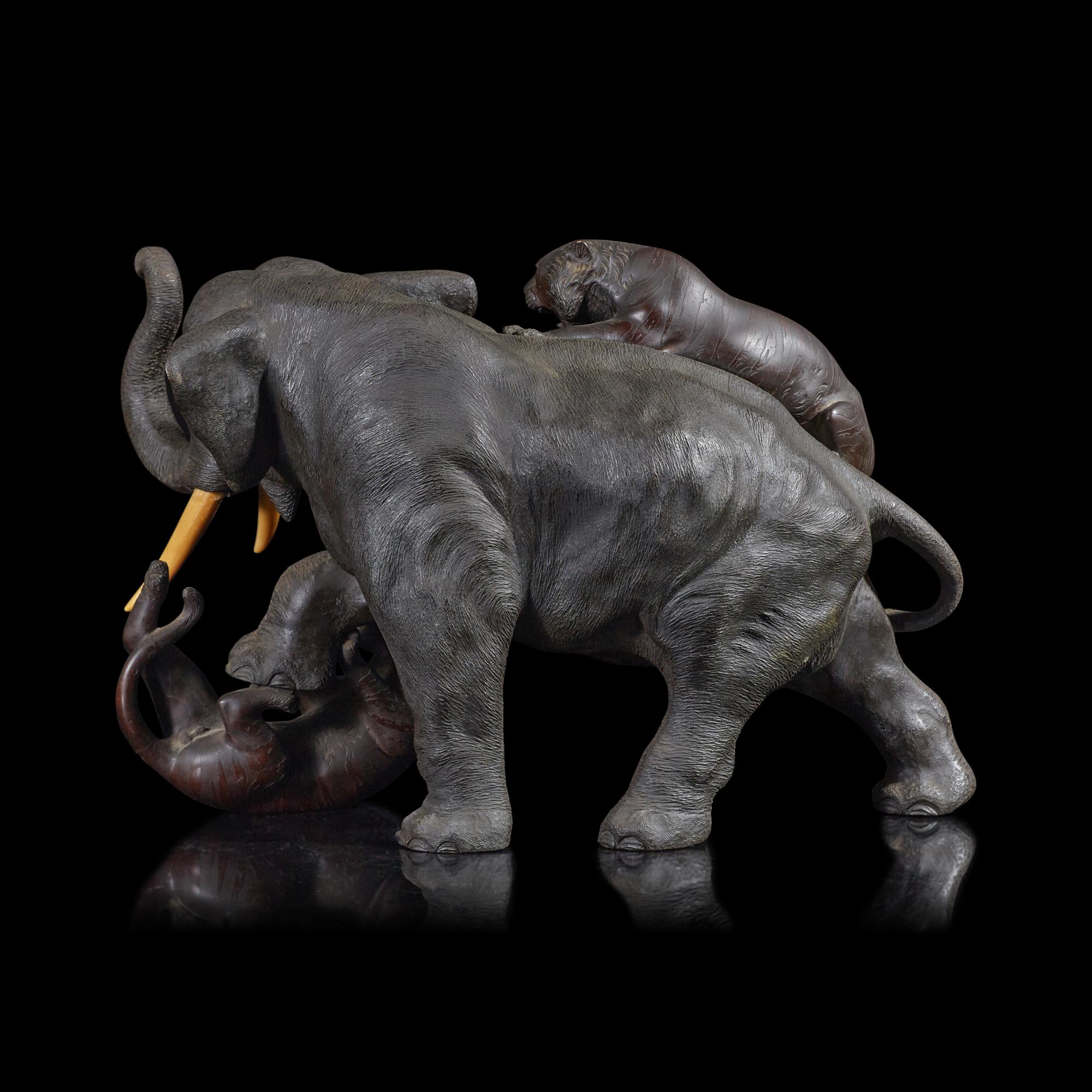 A Japanese Bronze Figural Group of Elephant and Tigers, Late Meiji to Taisho Period