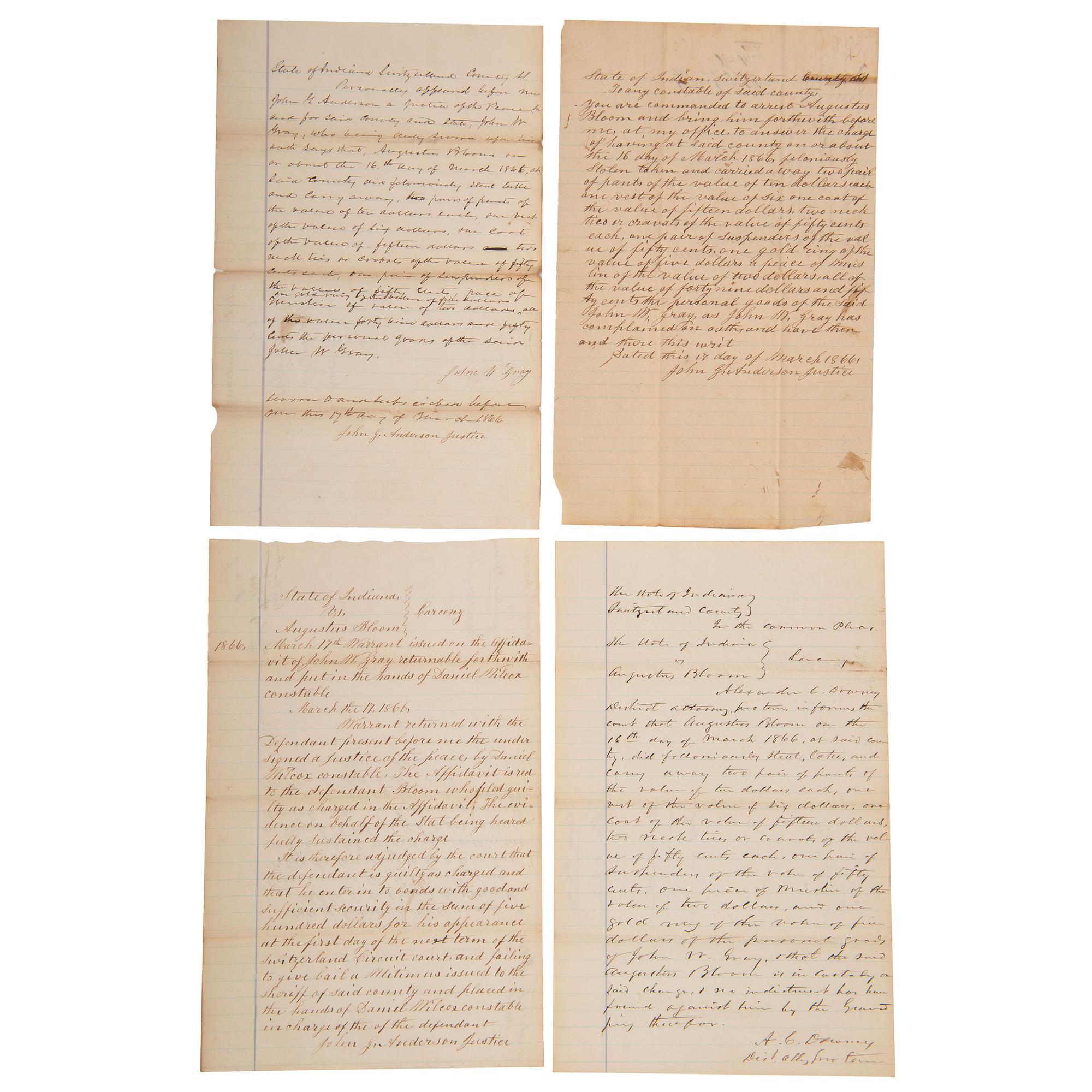 [GENERAL AMERICANA]. A group of 21 legal documents from Connecticut, Indiana, Pennsylvania, Virginia, and Oregon, ca late 18th to 19th century, including: