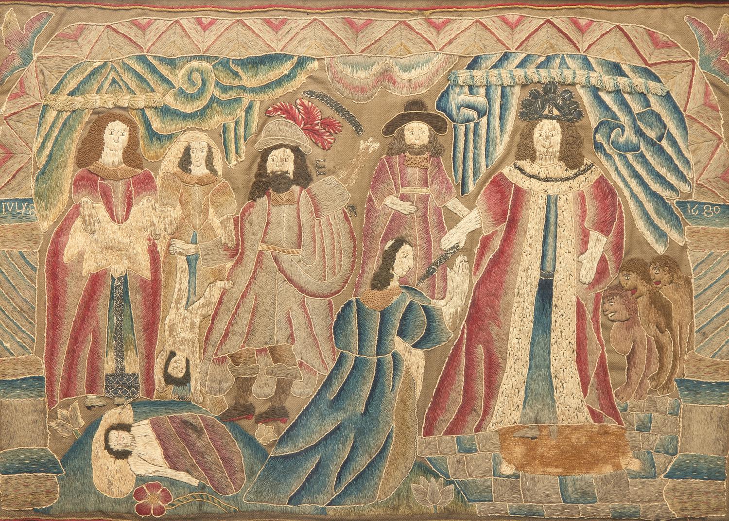 A Charles II Laid Work Embroidery Panel Depicting the Judgment of Solomon