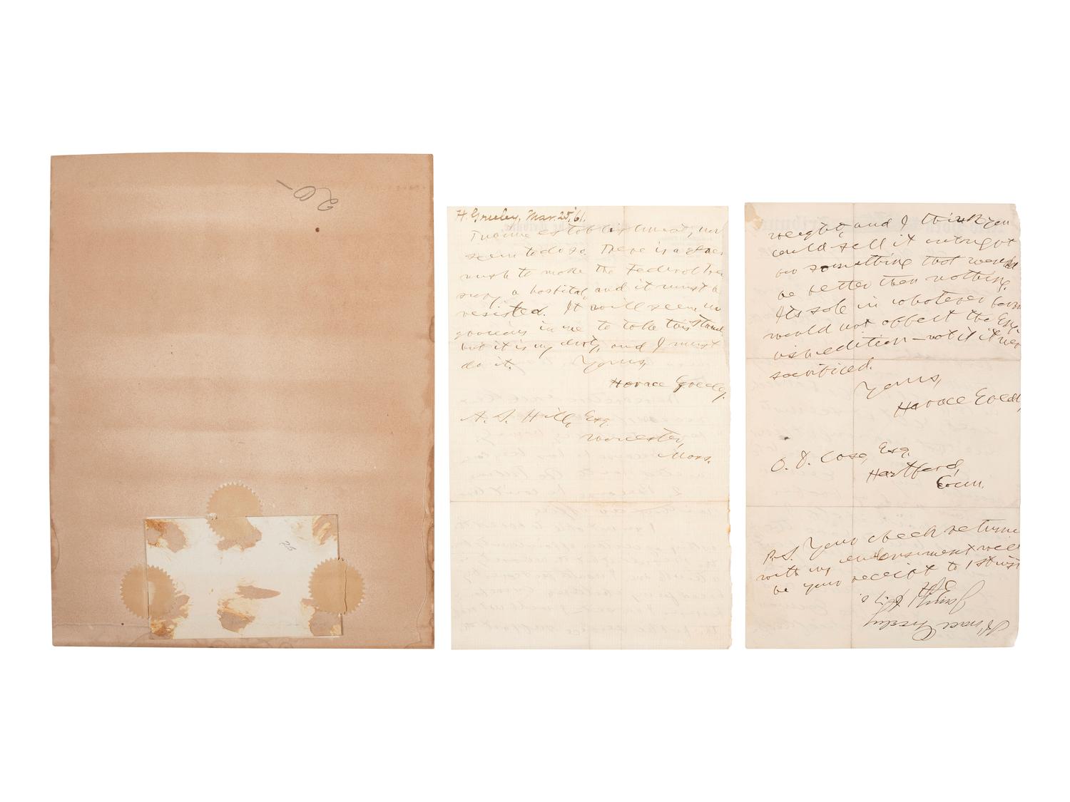 GREELEY, Horace (1811-1872). A group of 2 AlsS, comprising:
