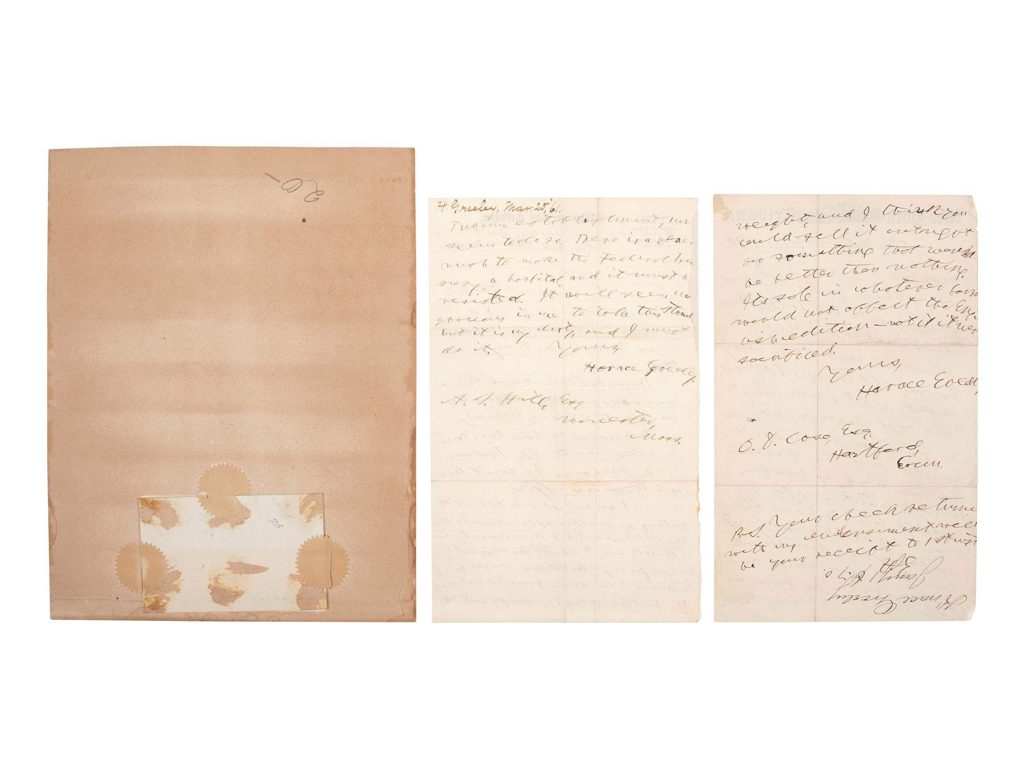 GREELEY, Horace (1811-1872). A group of 2 AlsS, comprising: