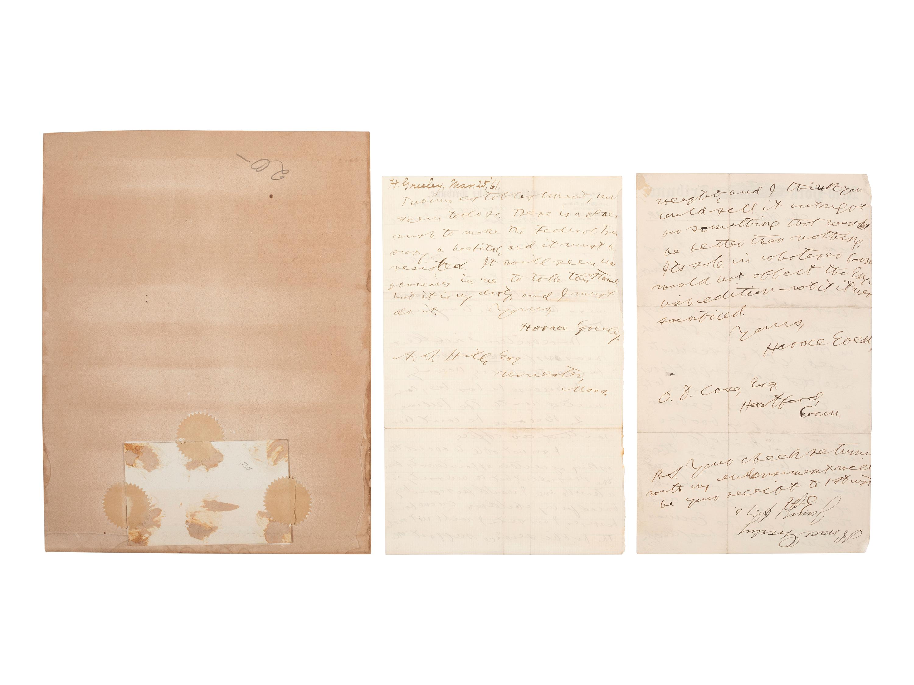 GREELEY, Horace (1811-1872). A group of 2 AlsS, comprising: