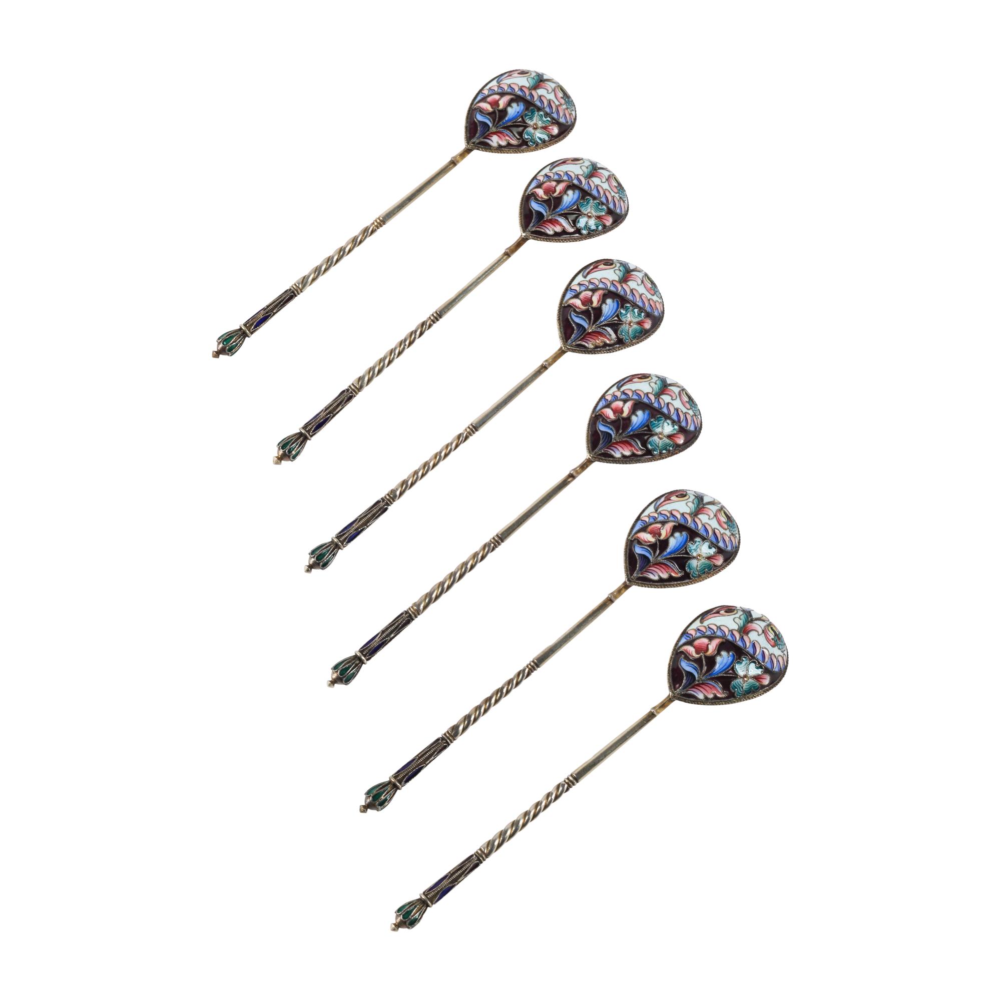 A Set of Six Russian Enameled Teaspoons