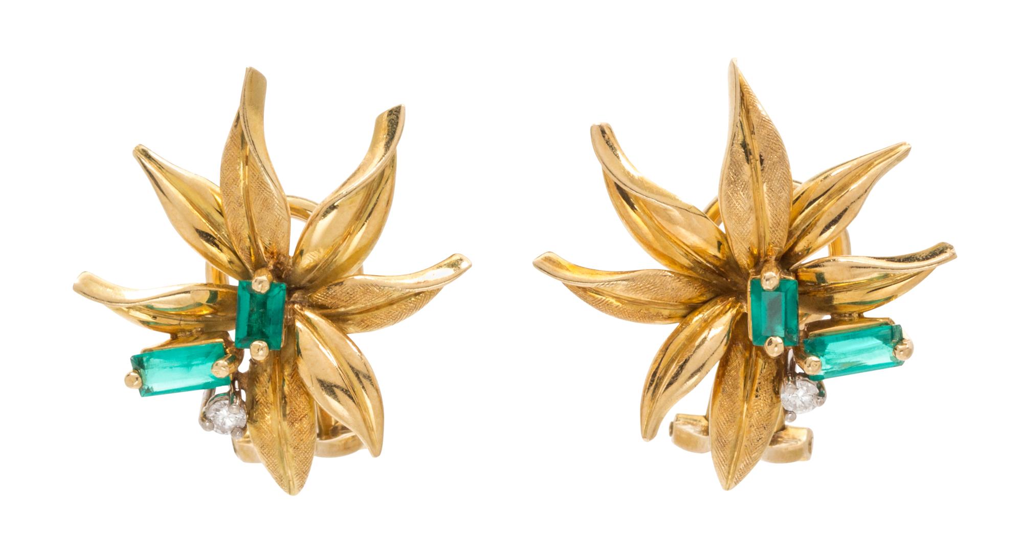A Pair of Yellow Gold, Emerald and Diamond Flower Earclips, 4.20 dwts.