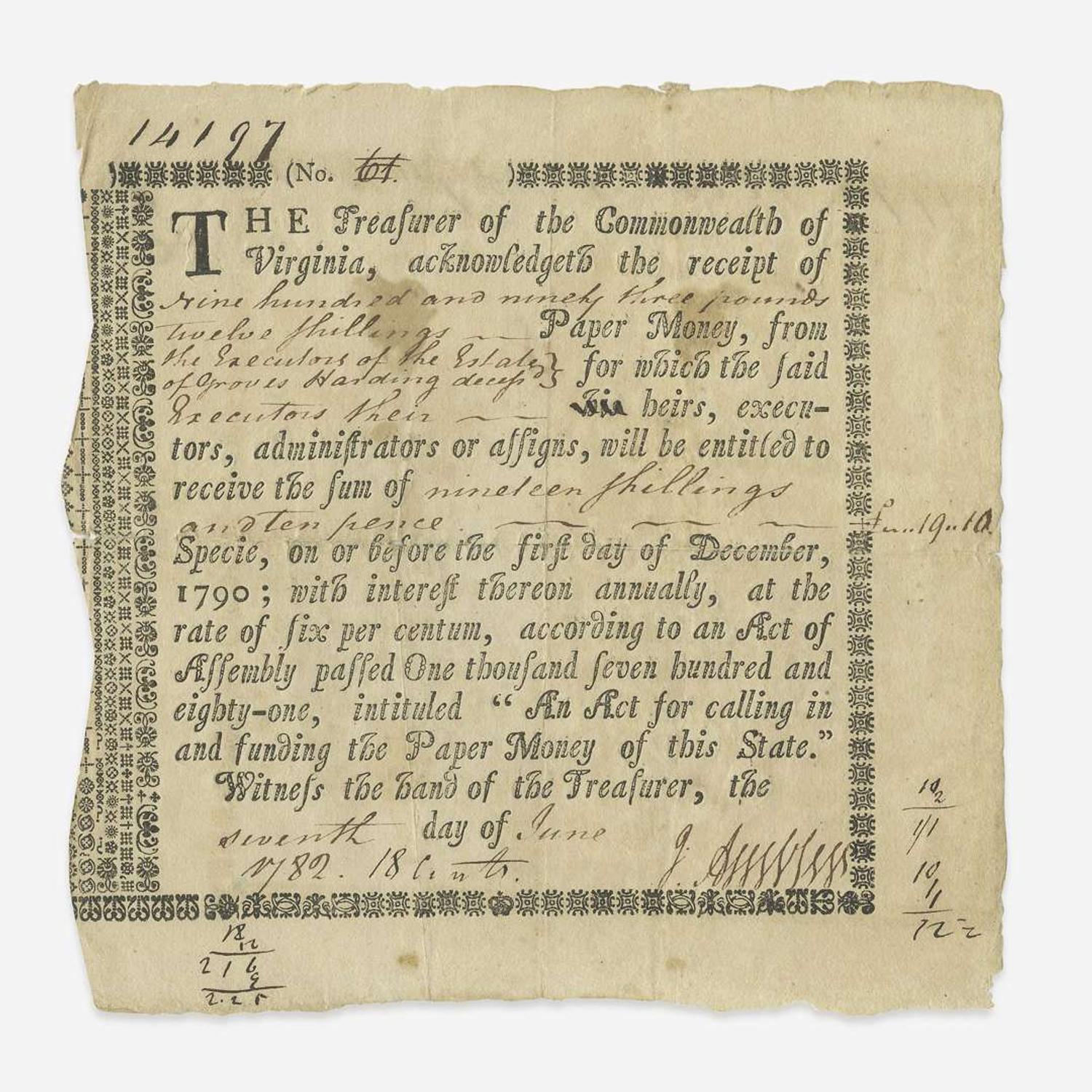 [American Revolution] Commonwealth of Virginia Loan Office Certificate