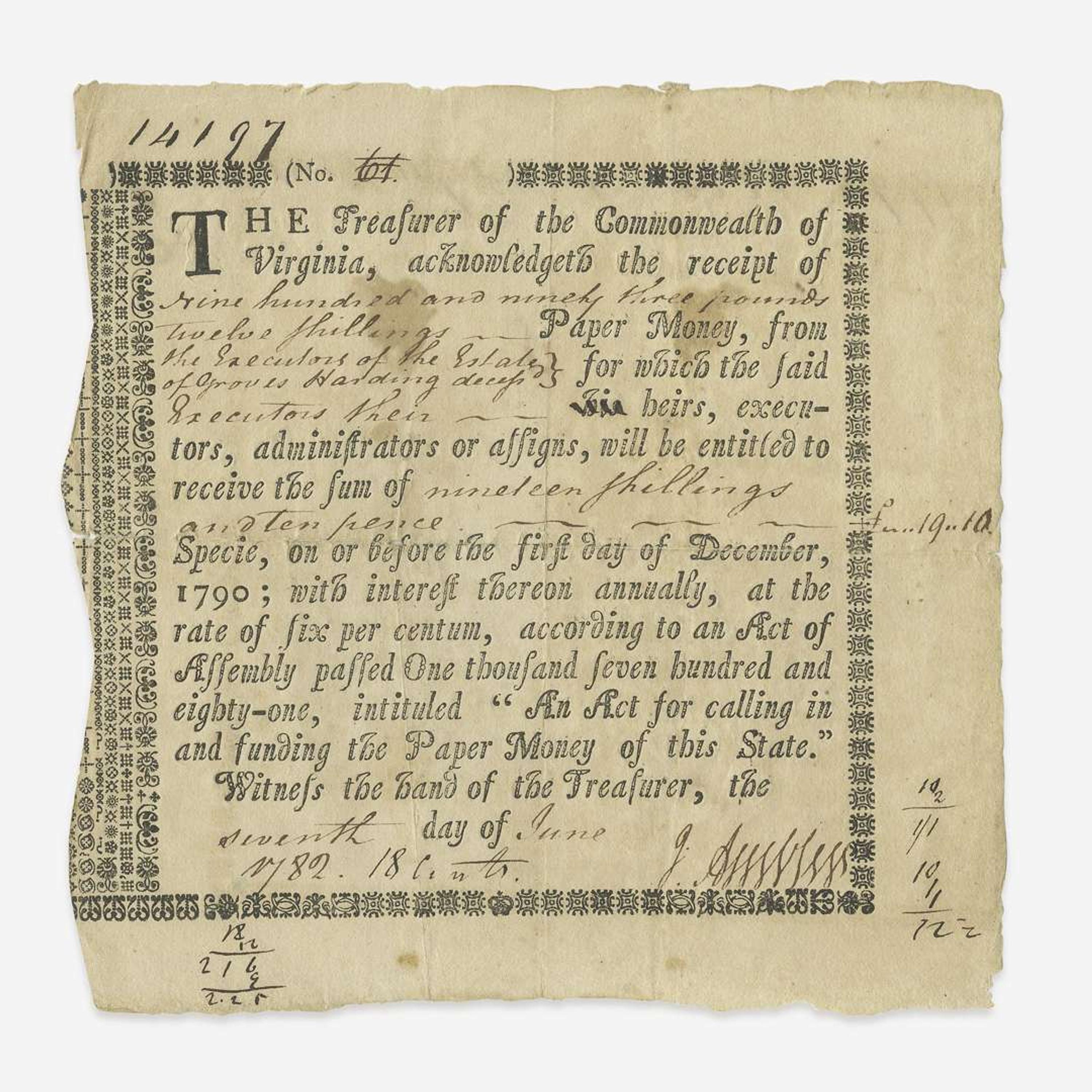 [American Revolution] Commonwealth of Virginia Loan Office Certificate