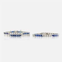 Two Art Deco synthetic sapphire, diamond, and platinum bracelets