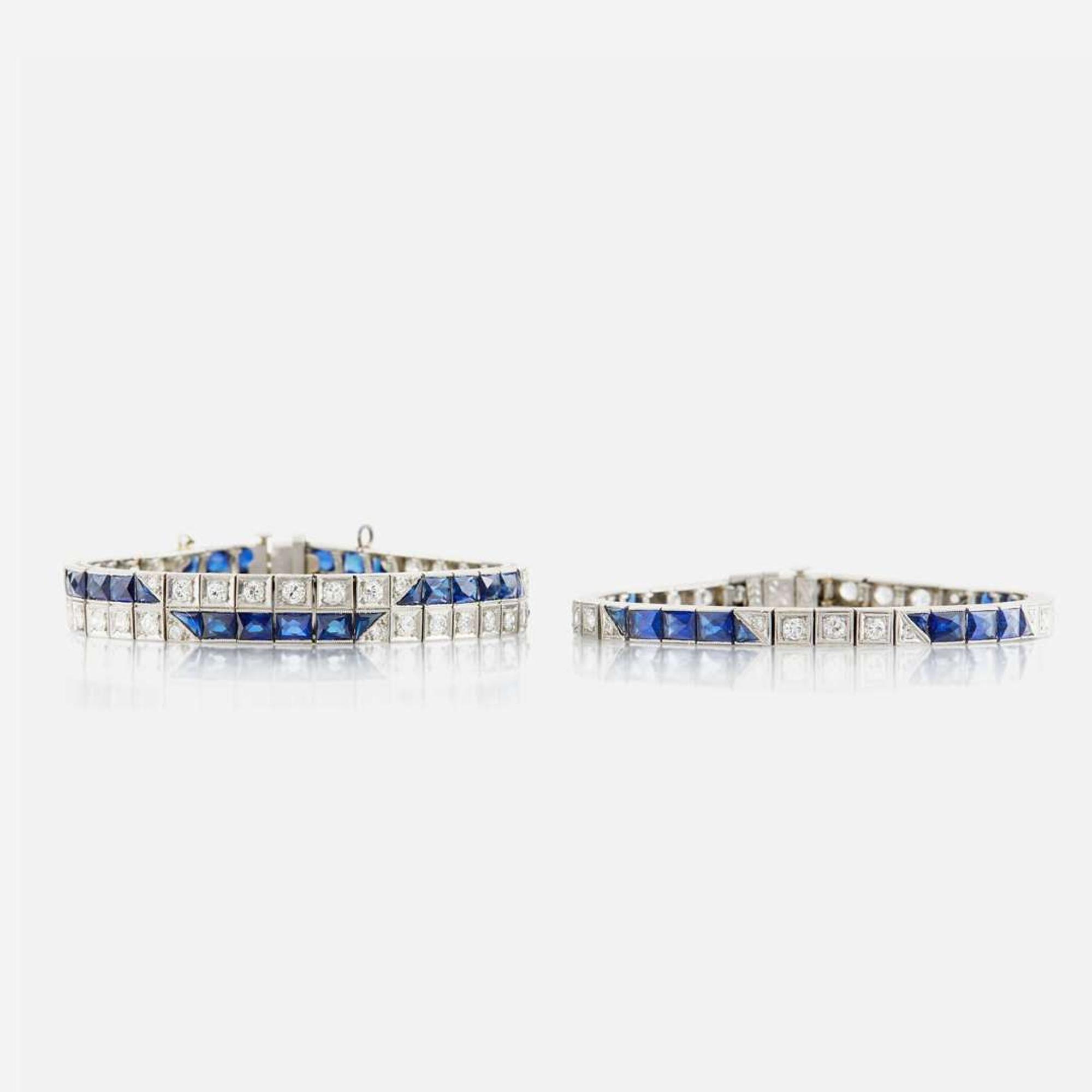 Two Art Deco synthetic sapphire, diamond, and platinum bracelets