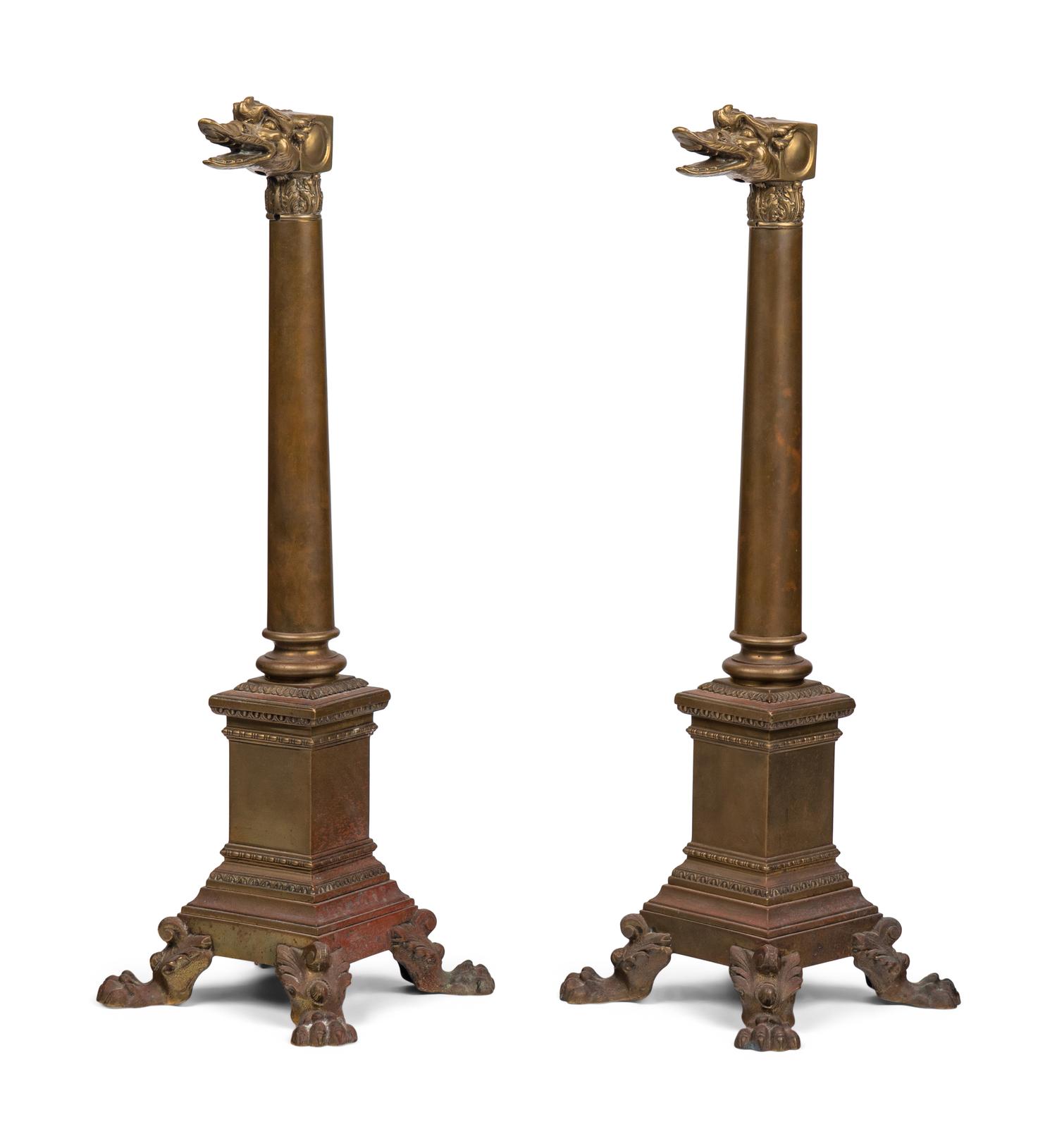 A Pair of English Brass Dragon-Form Andirons