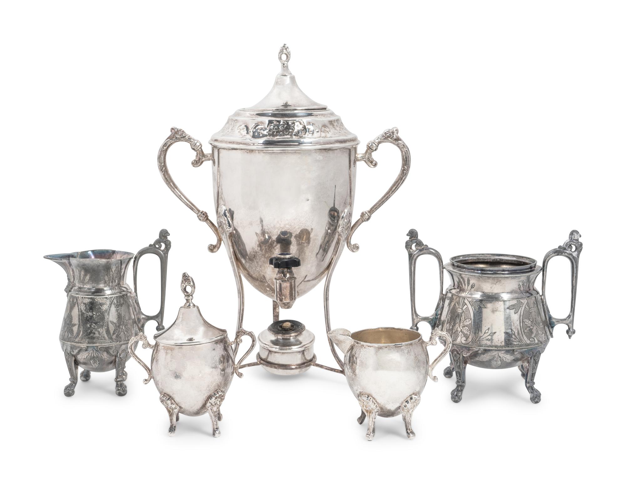 A Silverplate Tea Urn, and Two Pair of Covered Sugar and Creamers — EARLY 20TH CENTURY