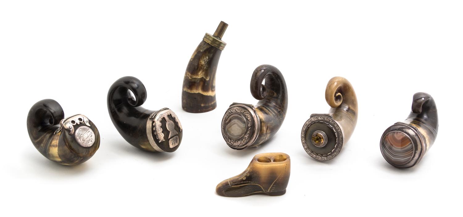 A Collection of Five Silvered Metal Mounted Horn Boxes, Width of widest 3 7/8 inches.