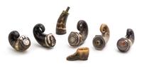 A Collection of Five Silvered Metal Mounted Horn Boxes, Width of widest 3 7/8 inches.