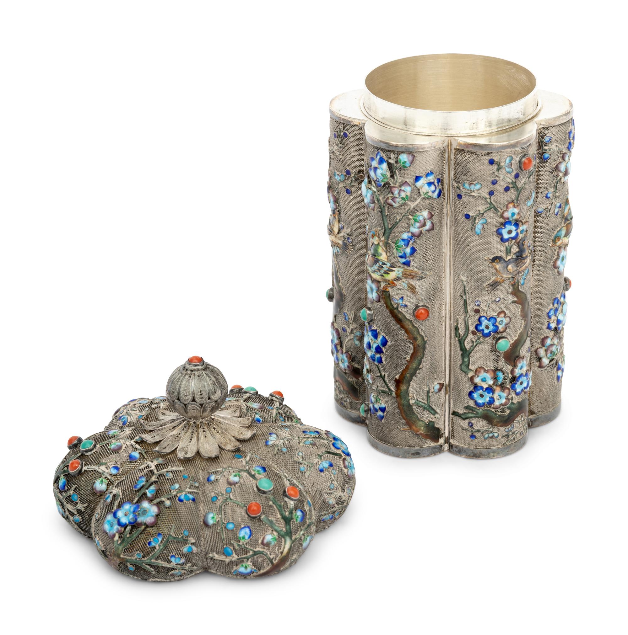 A Chinese Export Enameled Silver Tea Caddy