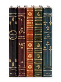 [BINDINGS]. DEVILLERS, Charles. Les Ghazels de Hafiz . -- ARNOUX, Alexandre, translator. Romancero Moresque . -- KALIDASA. Sakountala . -- KHAYYAM, Omar. Robaiyat . -- LUCIEN of Samosata. Scènes de Courtisanes . Paris: L'Édition d'Art H. Piazza, [1922], [1921], [1922], [1925], [1930].