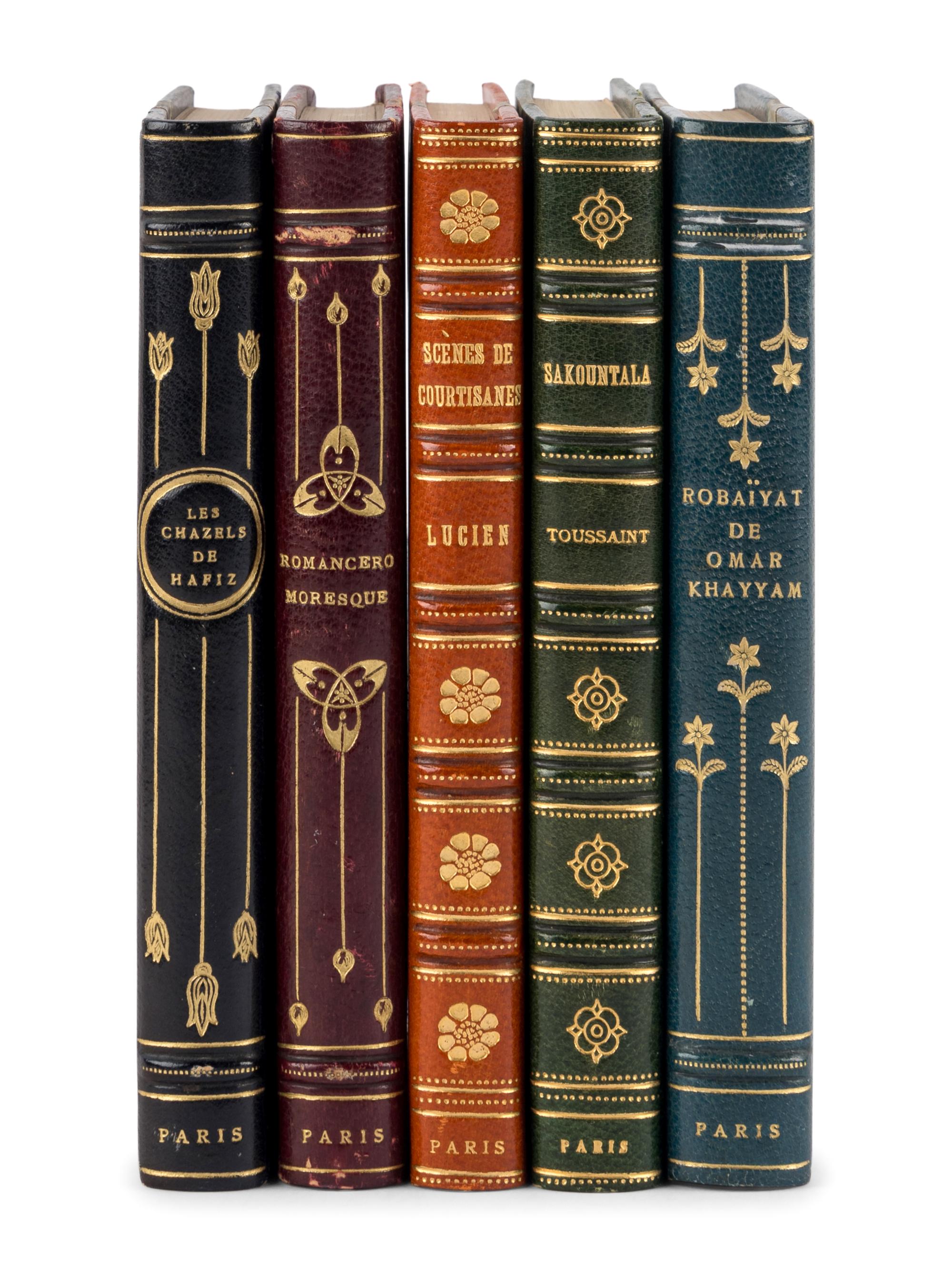 [BINDINGS]. DEVILLERS, Charles. Les Ghazels de Hafiz . -- ARNOUX, Alexandre, translator. Romancero Moresque . -- KALIDASA. Sakountala . -- KHAYYAM, Omar. Robaiyat . -- LUCIEN of Samosata. Scènes de Courtisanes . Paris: L'Édition d'Art H. Piazza, [1922], [1921], [1922], [1925], [1930].