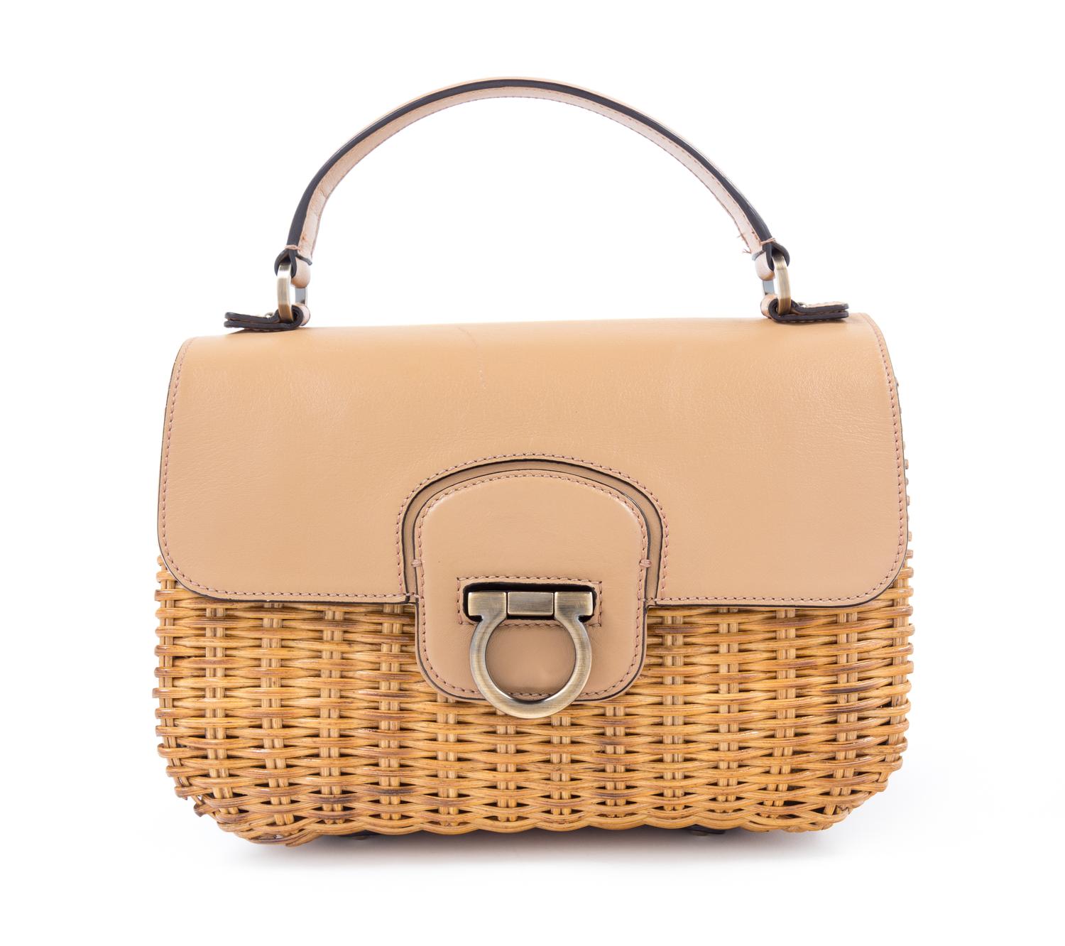 Salvatore Ferragamo Tan Leather and Wicker Handbag, 1980-90s 10" x 6.5" x 5"; Handle drop: 3.5"