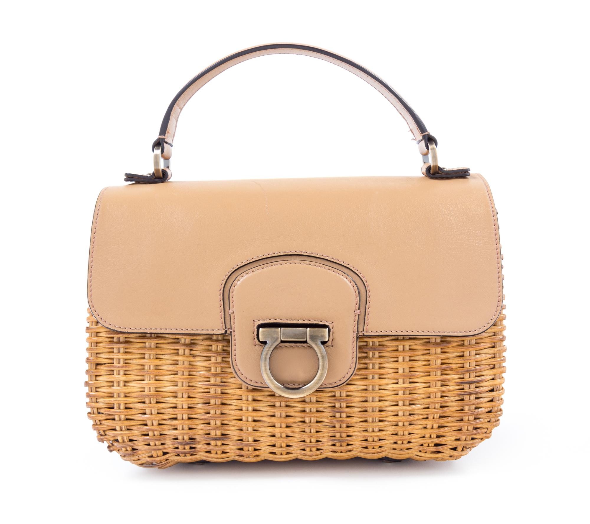 Salvatore Ferragamo Tan Leather and Wicker Handbag, 1980-90s 10" x 6.5" x 5"; Handle drop: 3.5"