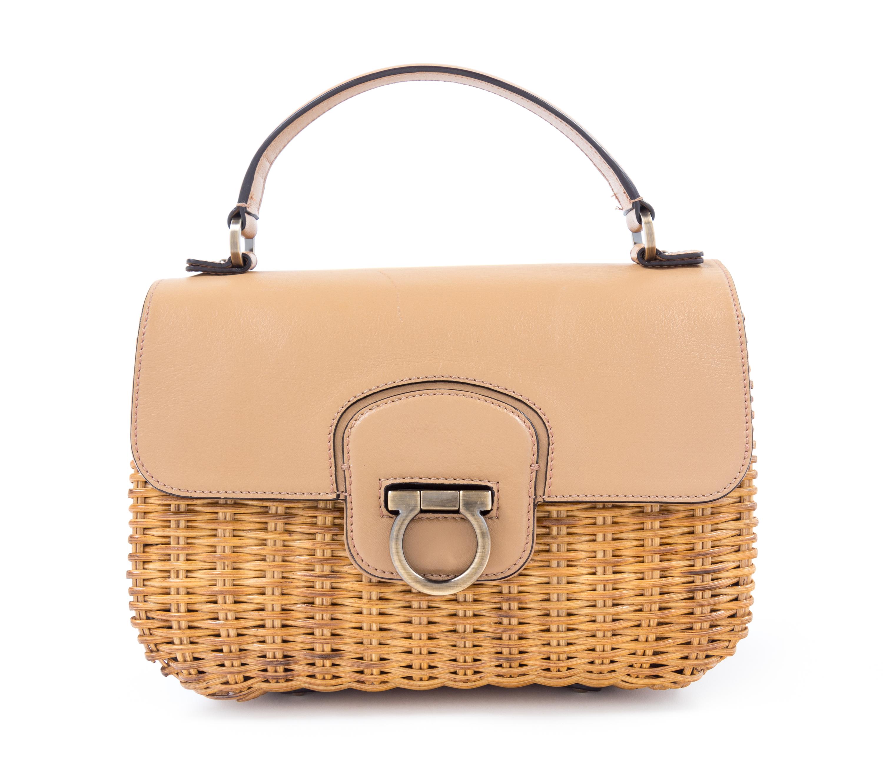 Salvatore Ferragamo Tan Leather and Wicker Handbag, 1980-90s 10" x 6.5" x 5"; Handle drop: 3.5"