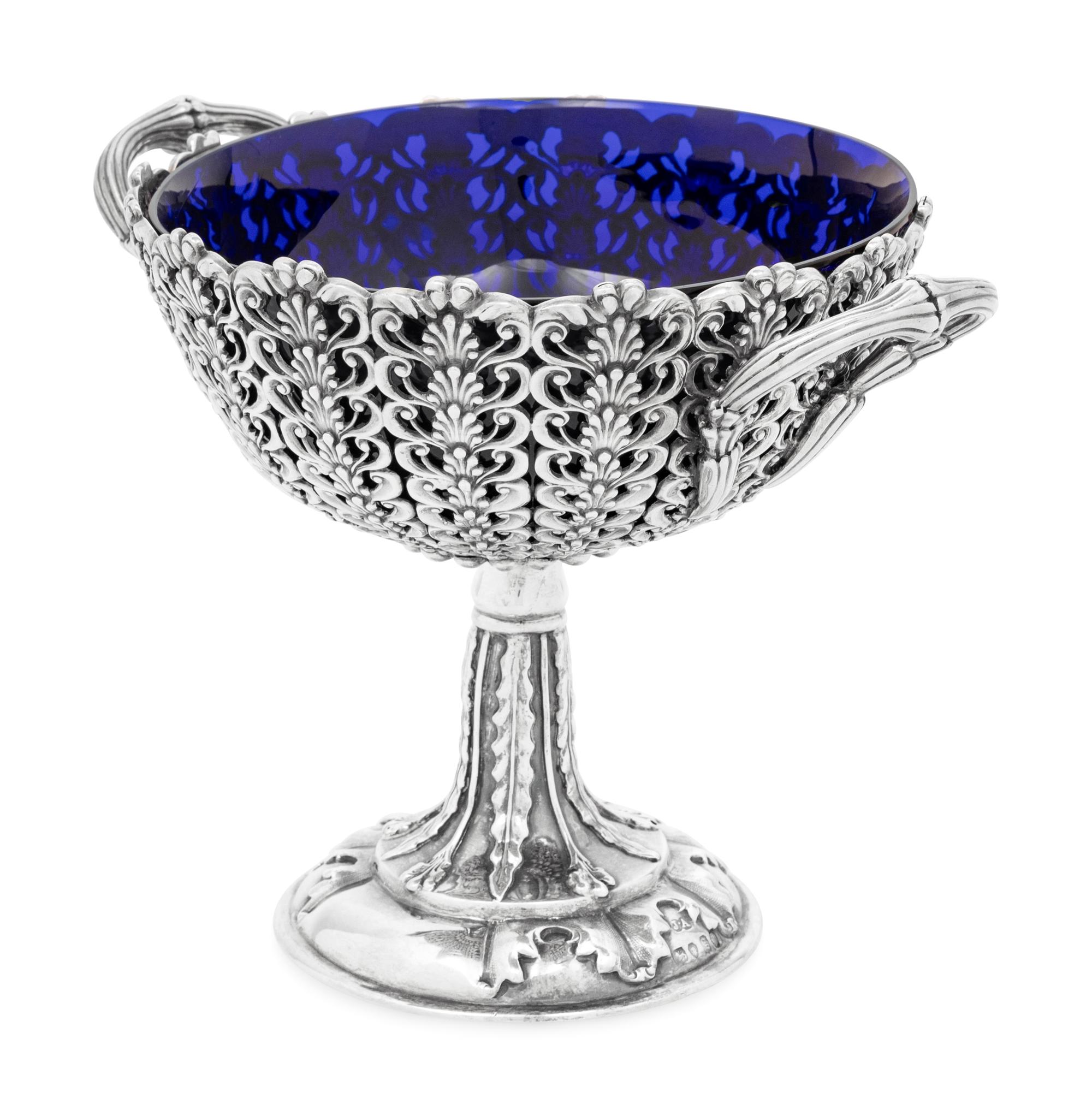 A Victorian Silver Compote with Cobalt Glass Liner