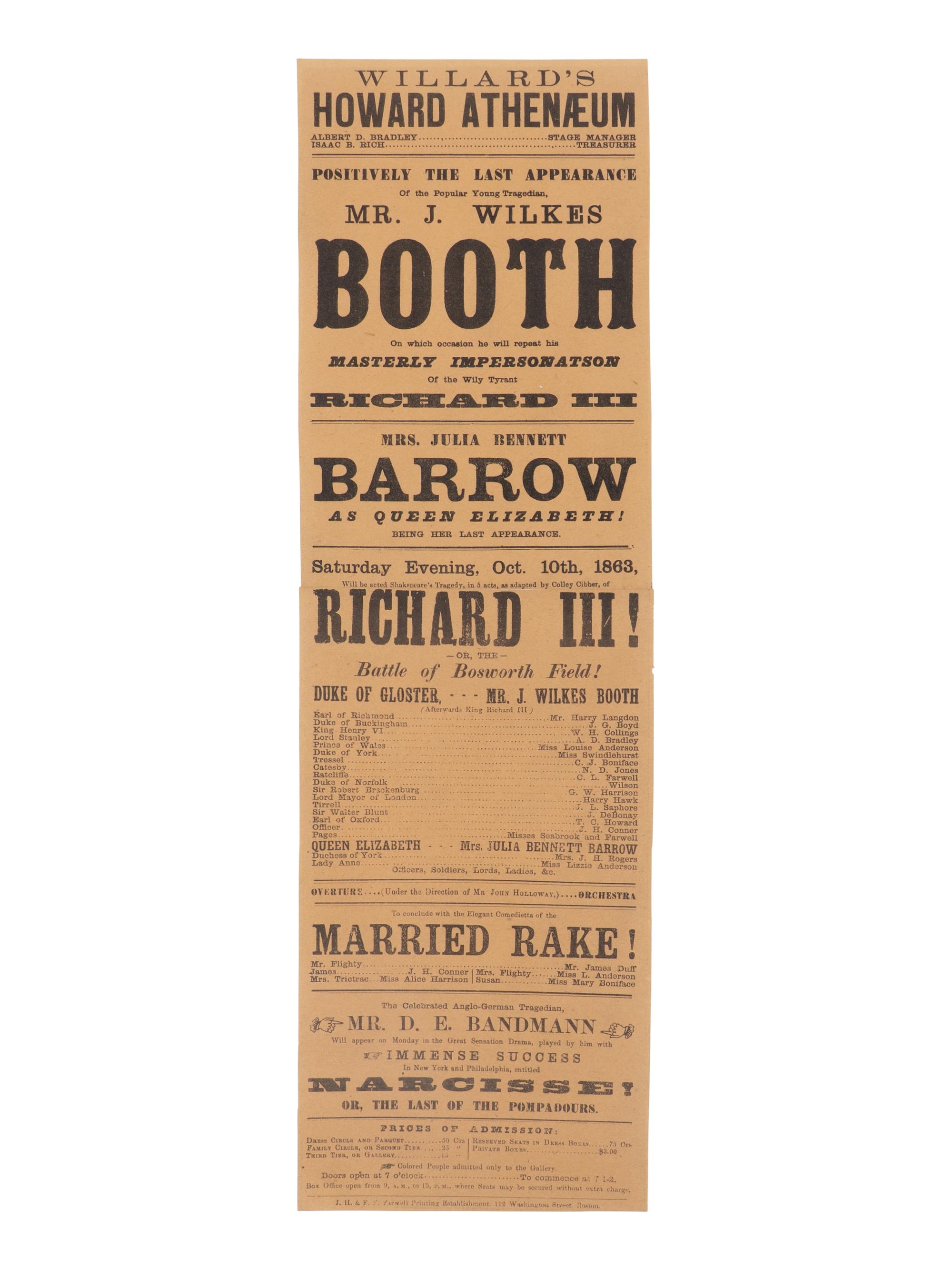 [BOOTH, John Wilkes (1838-1865)]. A broadside playbill for Booth's performance in the title role of Richard III at the Howard Athenæum, Boston, 10 October 1863.