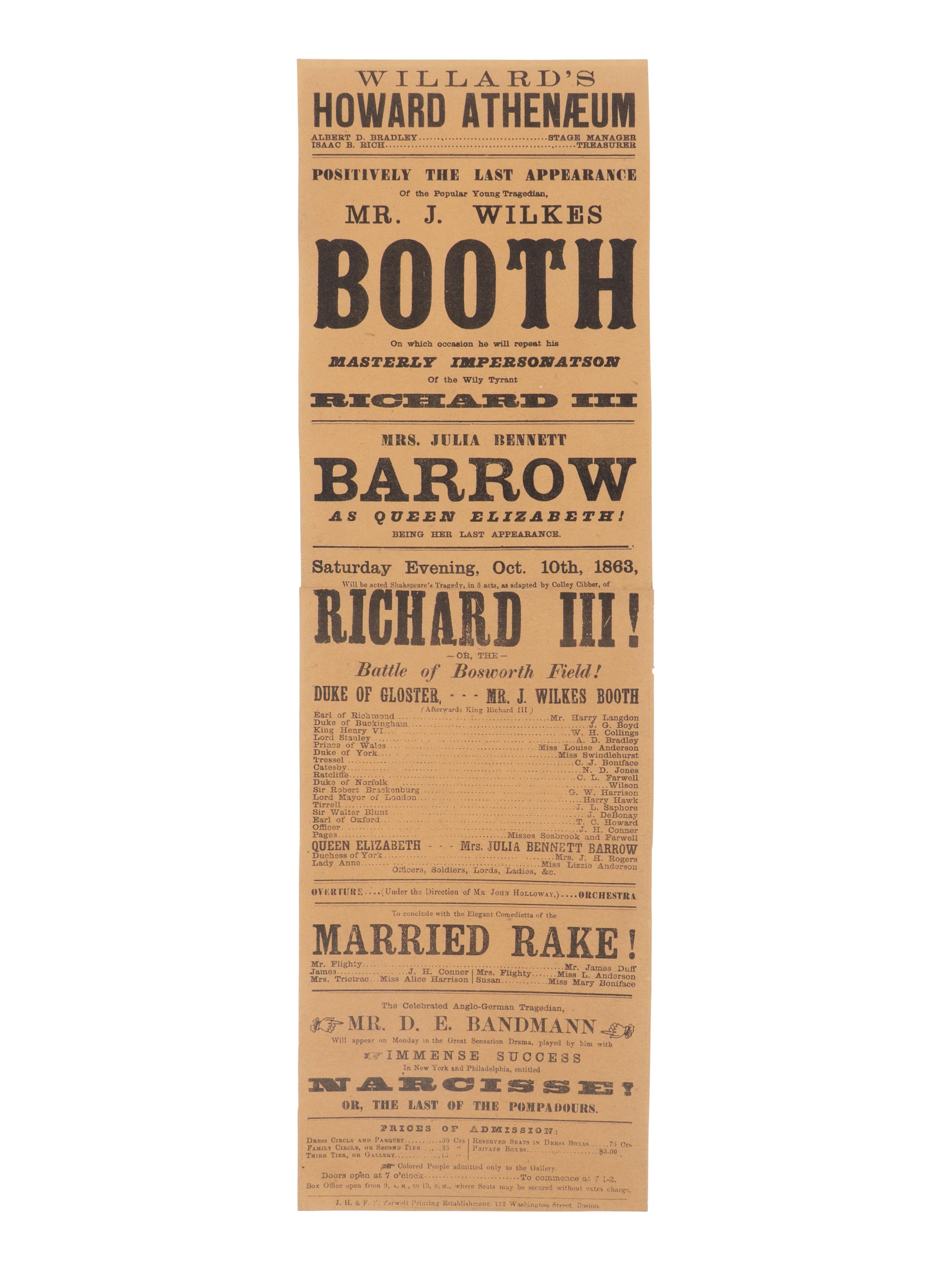 [BOOTH, John Wilkes (1838-1865)]. A broadside playbill for Booth's performance in the title role of Richard III at the Howard Athenæum, Boston, 10 October 1863.