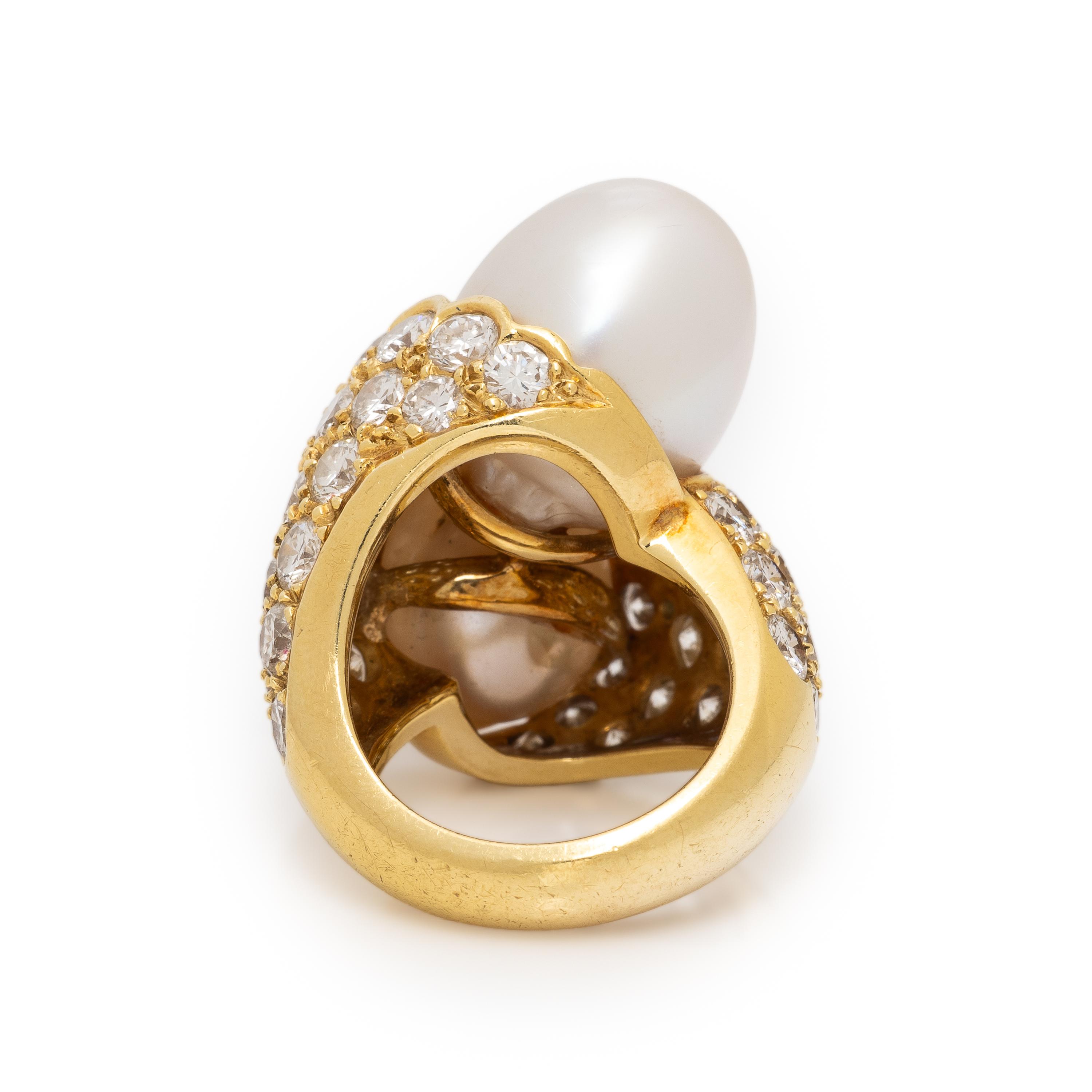 Cultured Pearl, Diamond, and Yellow Gold Bypass Ring