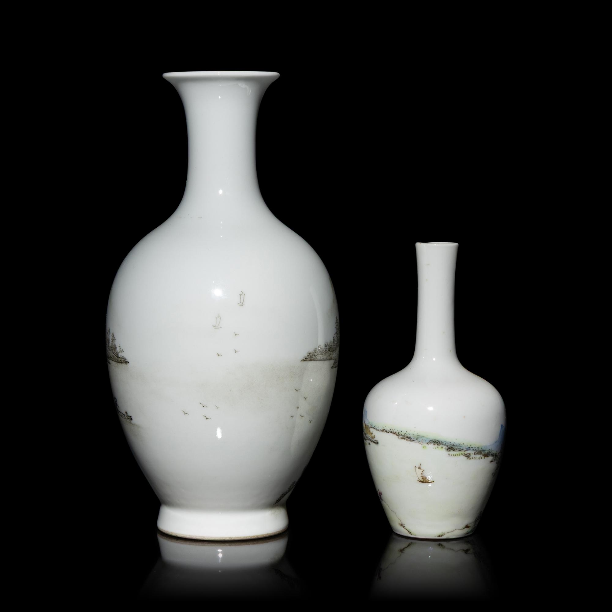 Two Chinese Qianjiang Enameled 'Landscape' Porcelain Vases, Late 19th-20th Century — 晚清-民國 淺绛彩山水瓶兩隻