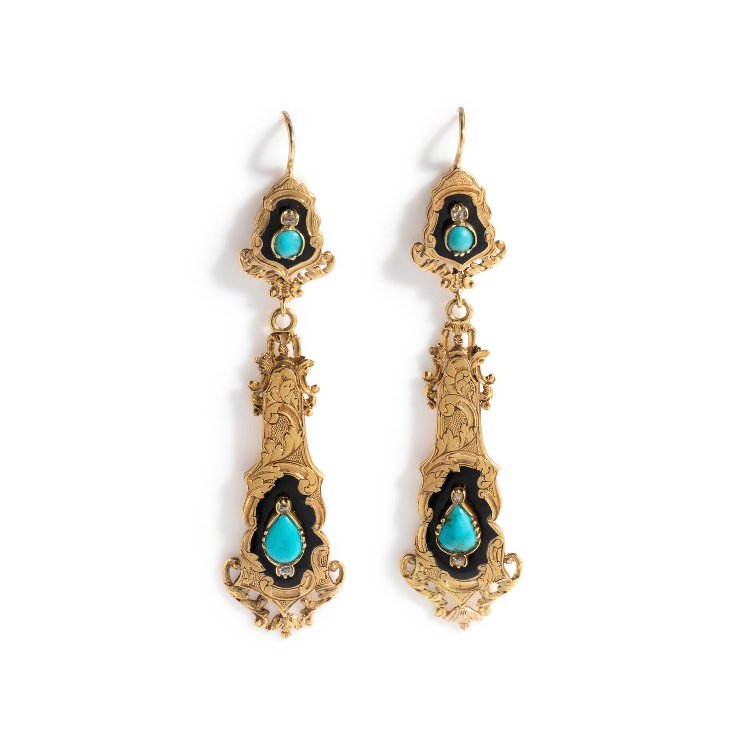 FRENCH, ANTIQUE, YELLOW GOLD, DIAMOND, TURQUOISE AND ENAMEL EARRINGS