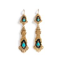 FRENCH, ANTIQUE, YELLOW GOLD, DIAMOND, TURQUOISE AND ENAMEL EARRINGS