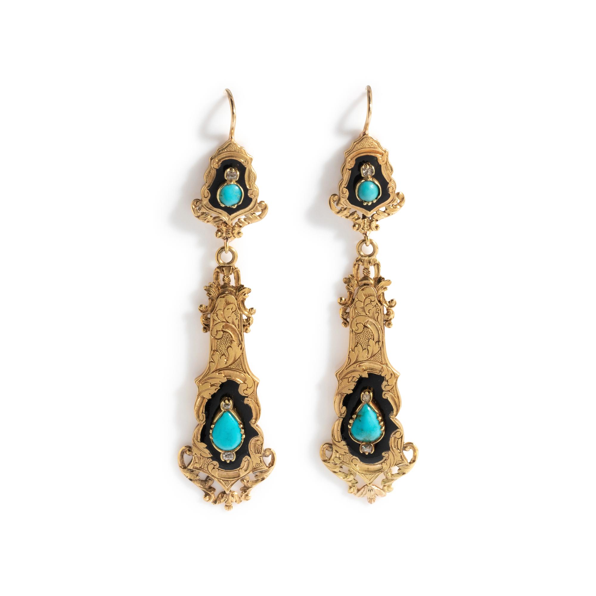FRENCH, ANTIQUE, YELLOW GOLD, DIAMOND, TURQUOISE AND ENAMEL EARRINGS