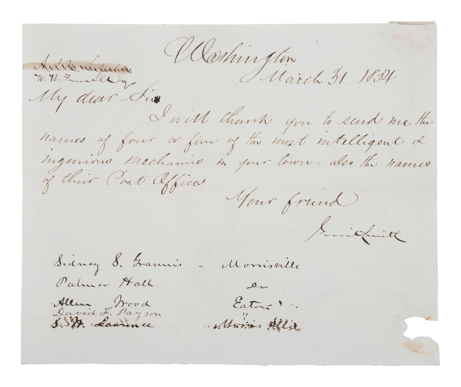 [SLAVERY & ABOLITION]. A group of two letters signed by prominent abolitionists, including one by Gerrit Smith (1797-1874) and another signed by Owen Lovejoy (1811-1864).